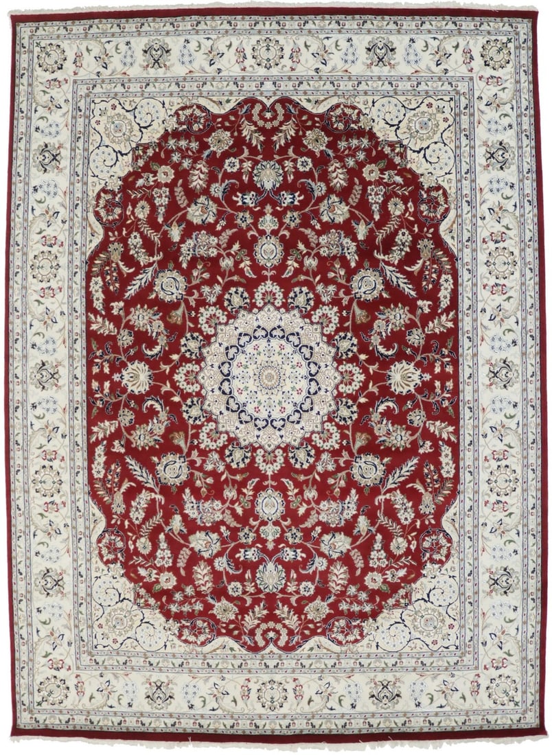 Hand-Knotted Indo-Nain Wool Area Rug 8'11 x 12'3 Floral Pattern Red: Hand-Knotted Indo-Nain Wool Area Rug 8'11 x 12'3 Floral Pattern Red This large handmade Indo-Nain area rug features a classic floral design in red, cream, dark navy, light blue, and green tones. Exper