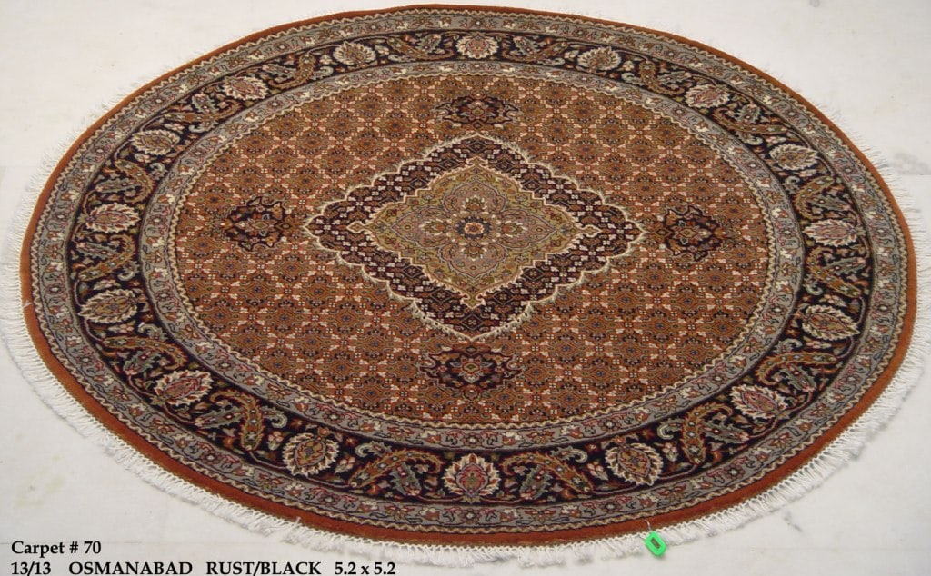 5'2 x 5'2 Handmade Wool Silk Tabriz Mahi Rug India: 5'2 x 5'2 Handmade Wool Silk Tabriz Mahi Rug India Free continental US Shipping Elevate your home decor with this exquisite 5.2 x 5.2 Wool & Silk Tabriz Round Mahi Rug. Featuring bold geometric patter