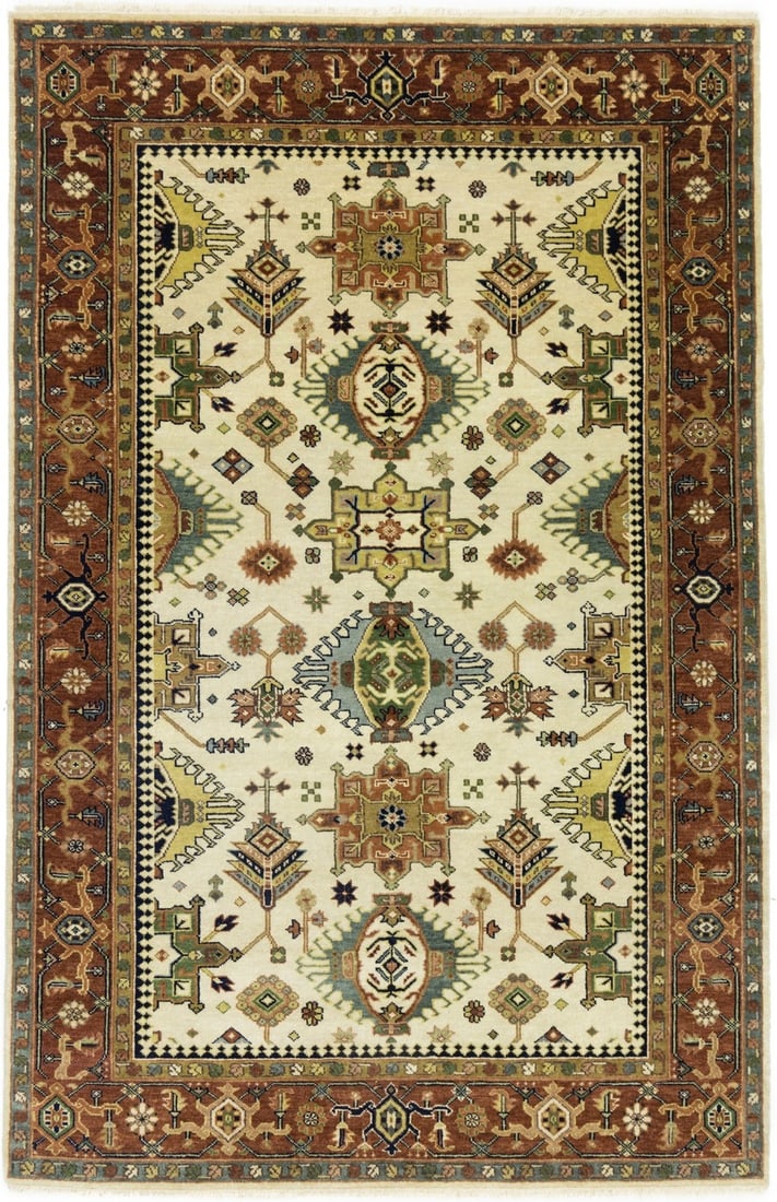 Wool Area Rug Indo-Karajeh Hand-Knotted Geometric Pattern 5'10 x 8'11: Wool Area Rug Indo-Karajeh Hand-Knotted Geometric Pattern 5'10 x 8'11 This hand-knotted Indo-Karajeh oriental rug features a geometric pattern in cream, rust, green, gray, pastel yellow, and rusty pea