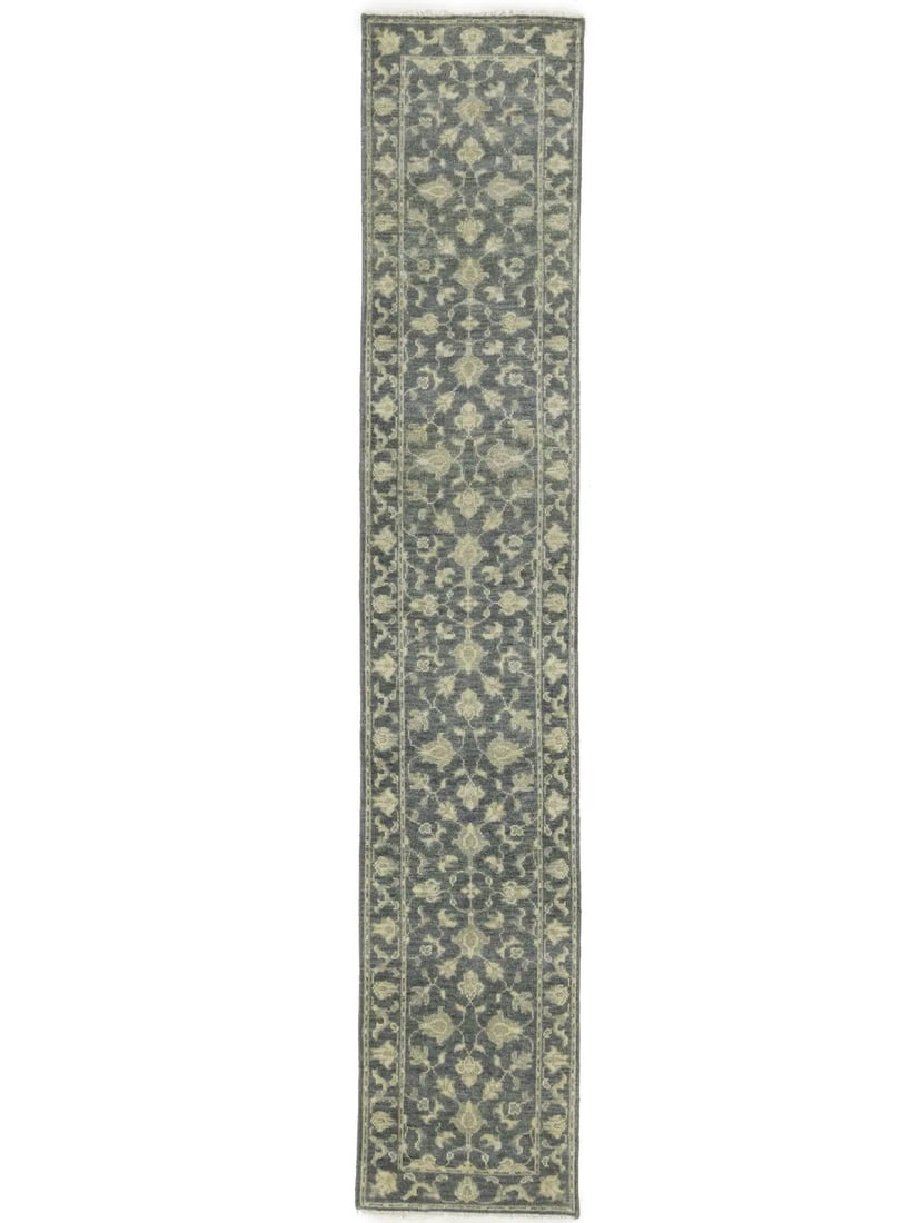 Hand Knotted Wool Floral Runner 2'7 x 13'10 Transitional Rug: Hand Knotted Wool Floral Runner 2'7 x 13'10 Transitional Rug Enhance your space with this exquisite muted floral design transitional runner rug, perfect for hallways, kitchens, and bedrooms. Measuring