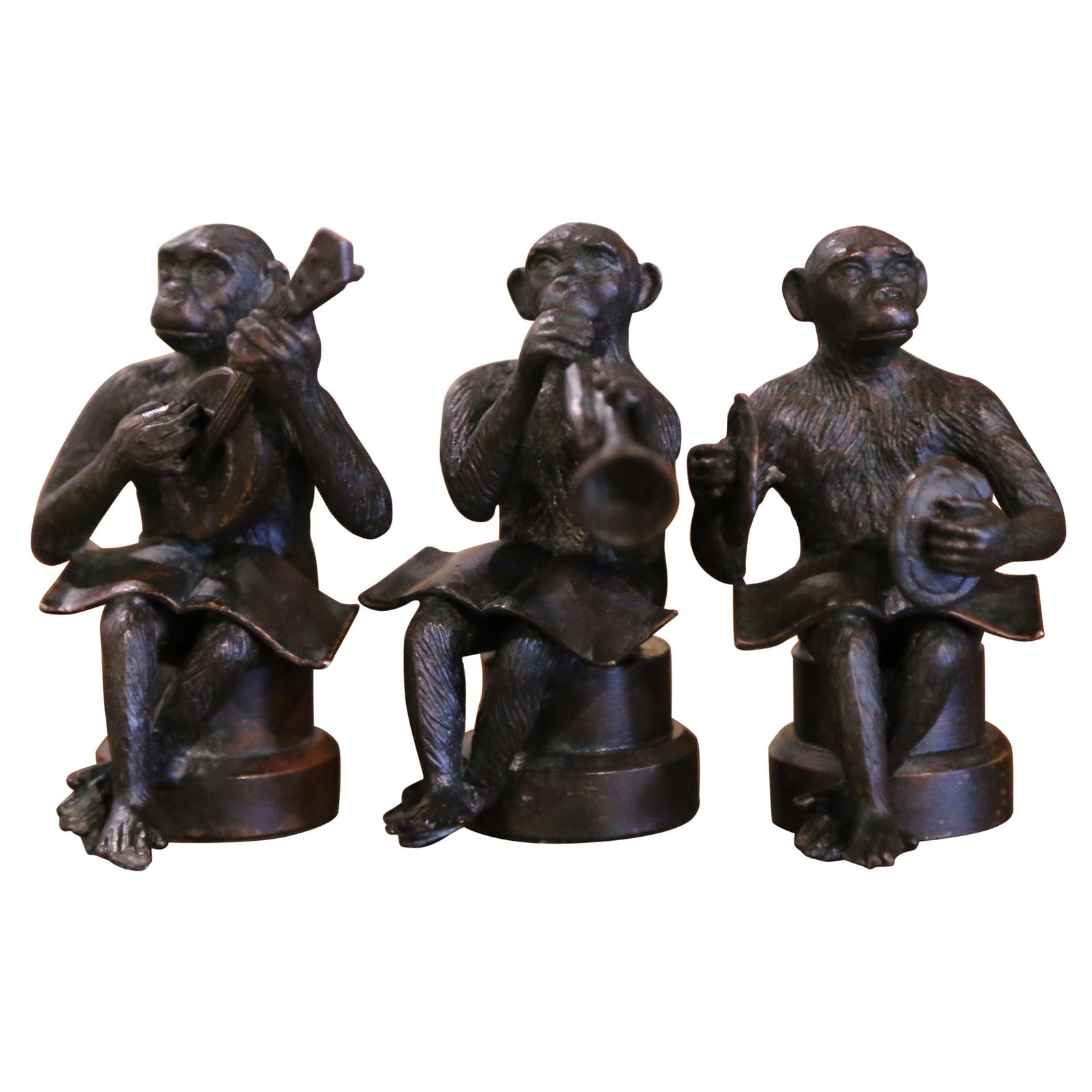 Antique Set of 3 Bronze Miniature Musician Monkeys from France: Antique Set of 3 Bronze Miniature Musician Monkeys from France This exquisite set of three miniature bronze musician monkeys, crafted in France circa 1920, adds a charming touch to any decor. Each mon