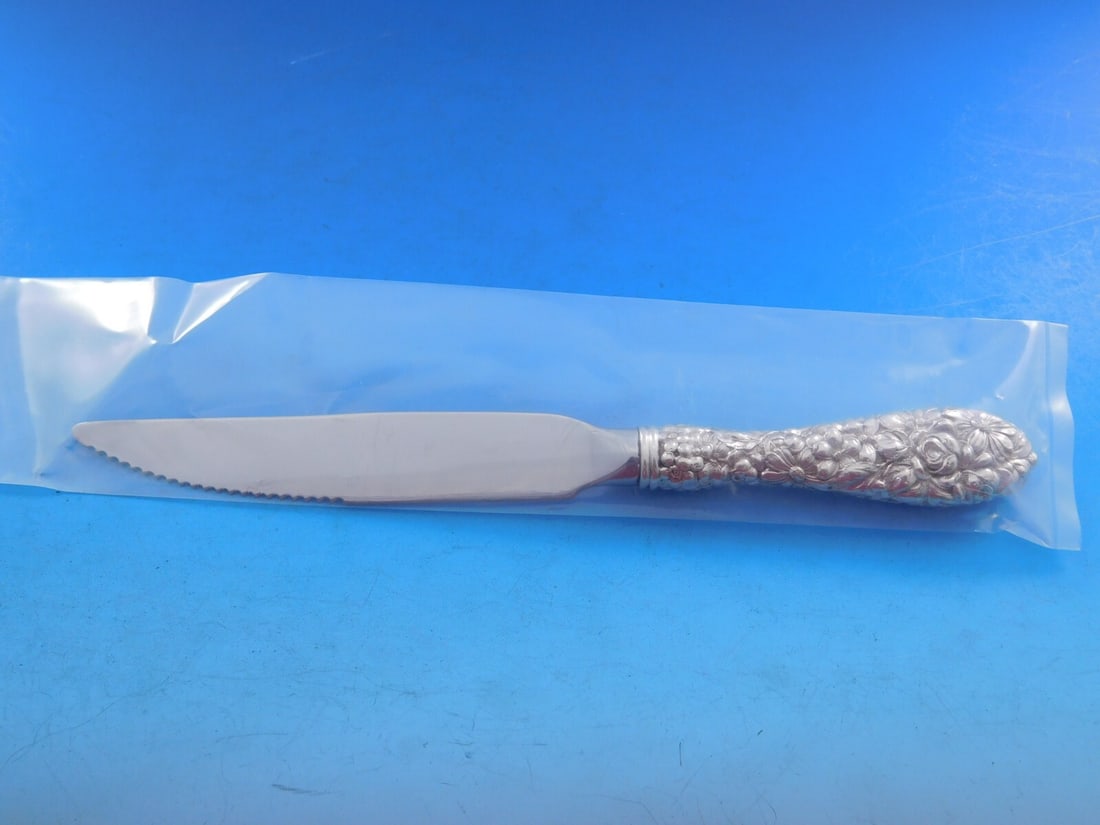 Stieff Rose Sterling Silver Steak Knife 8 1/8 Custom Hollow Handle: Stieff Rose Sterling Silver Steak Knife 8 1/8 Custom Hollow Handle This exquisite Rose by Stieff steak knife features a hollow handle crafted from sterling silver, complemented by a stainless steel se