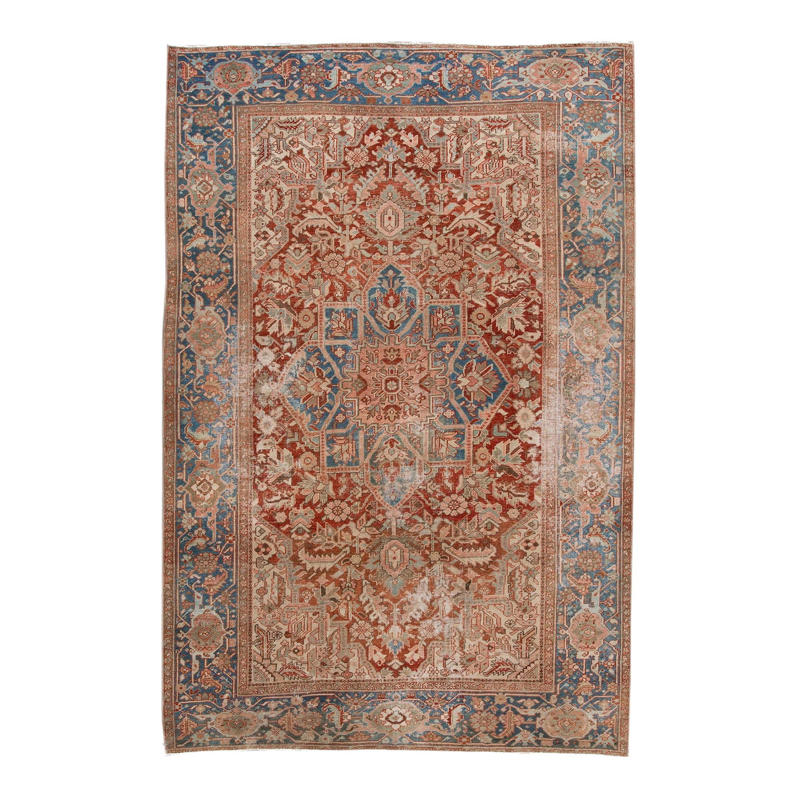 Antique Persian Heriz Handmade Wool Rug 7'7 x 11'6 Medallion Design: Antique Persian Heriz Handmade Wool Rug 7'7 x 11'6 Medallion Design This stunning antique Heriz Persian rug showcases a beautifully hand-knotted wool construction, featuring a rich rust field compleme