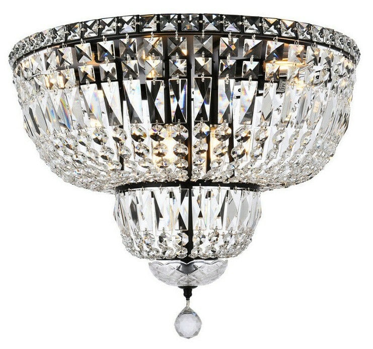 Tranquil 10 Light Crystal Flush Mount 20 Inch Black Clear: Tranquil 10 Light Crystal Flush Mount 20 Inch Black Clear This modern flush mount chandelier features a striking black and clear finish with high-quality royal cut crystals, offering an elegant look f