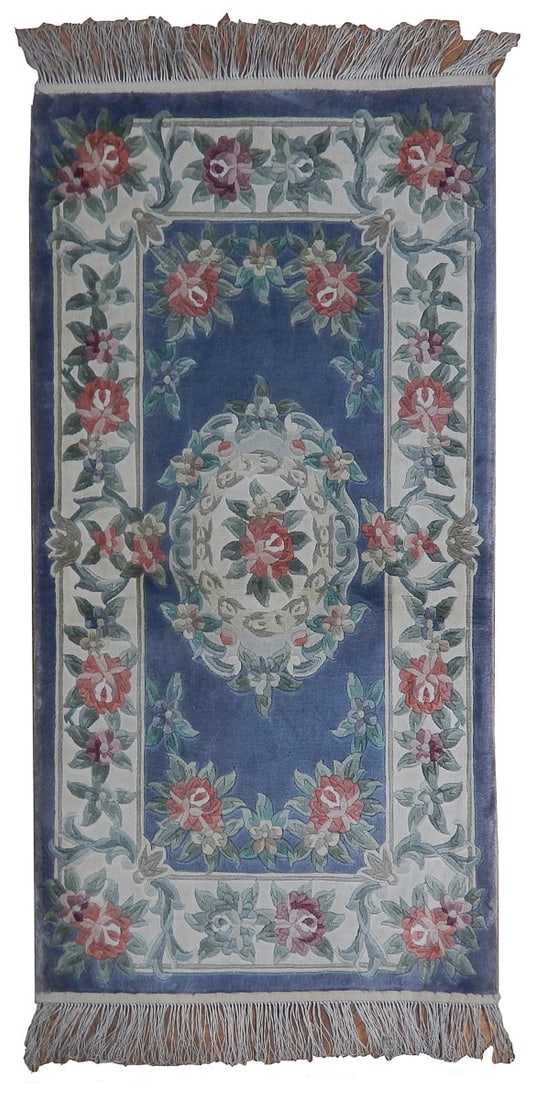 Handmade Aubusson 2 x 4 Bamboo Silk Carpet Light Blue: Handmade Aubusson 2 x 4 Bamboo Silk Carpet Light Blue Free continental US Shipping This handmade Aubusson carpet features intricate floral motifs and classical ornamentation in a serene light blue col