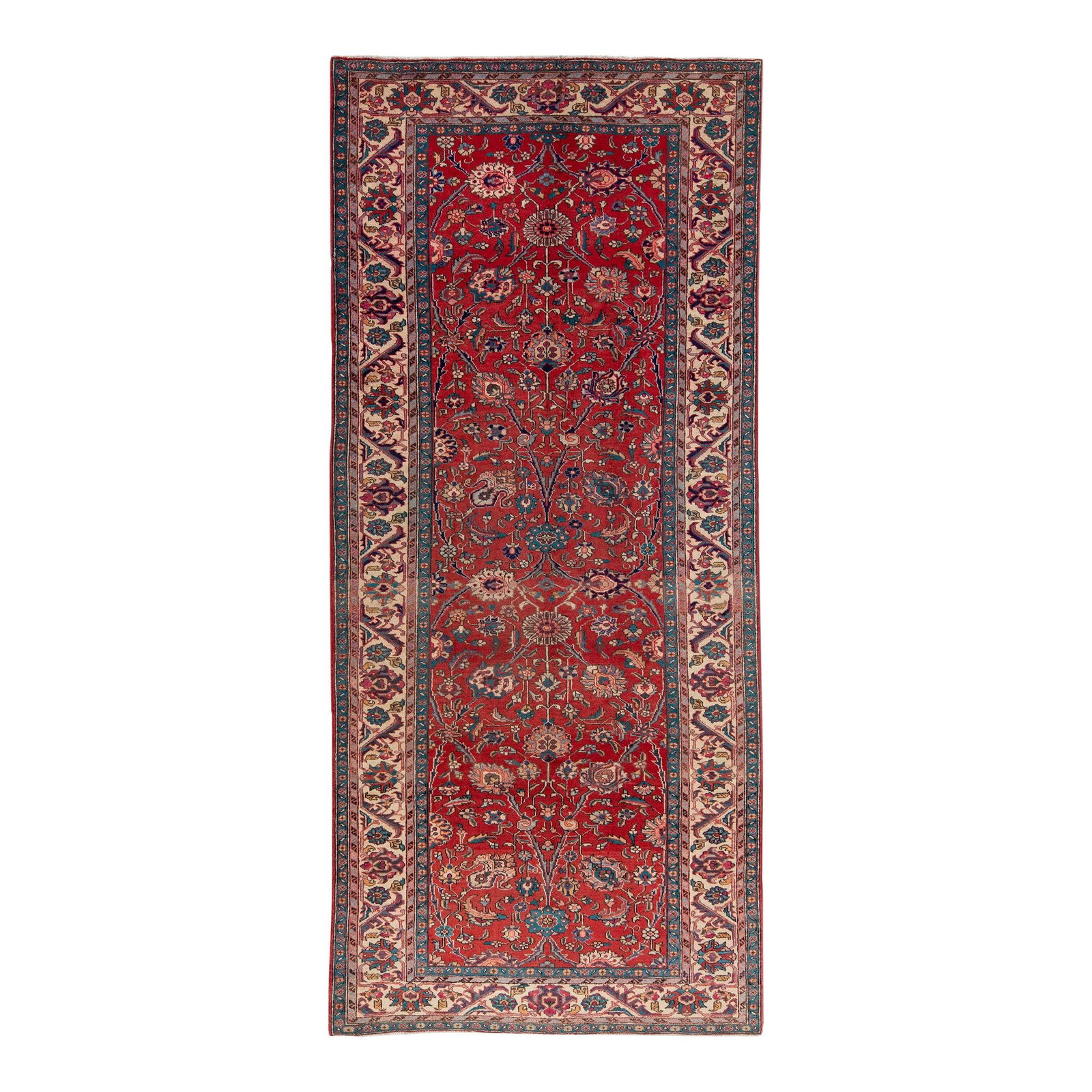 Vintage Persian Tabriz Hand-Knotted Floral Wool Runner 4'9 x 10'8 Red: Vintage Persian Tabriz Hand-Knotted Floral Wool Runner 4'9 x 10'8 Red This exquisite vintage Persian Tabriz runner showcases a stunning hand-knotted wool construction. The vibrant red color field is b