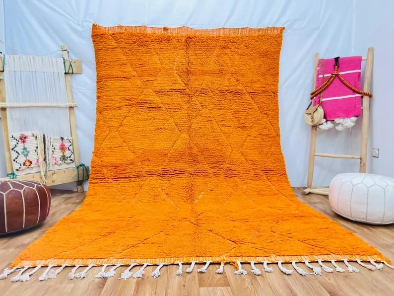 Authentic 8 x 5 Feet Soft Orange Engraved Wool Rug Morocco: Authentic 8 x 5 Feet Soft Orange Engraved Wool Rug Morocco Discover the beauty of this Authentic Elegant Soft Orange Wool Rug, handwoven by skilled local Berber women weavers in the Atlas Mountains. F