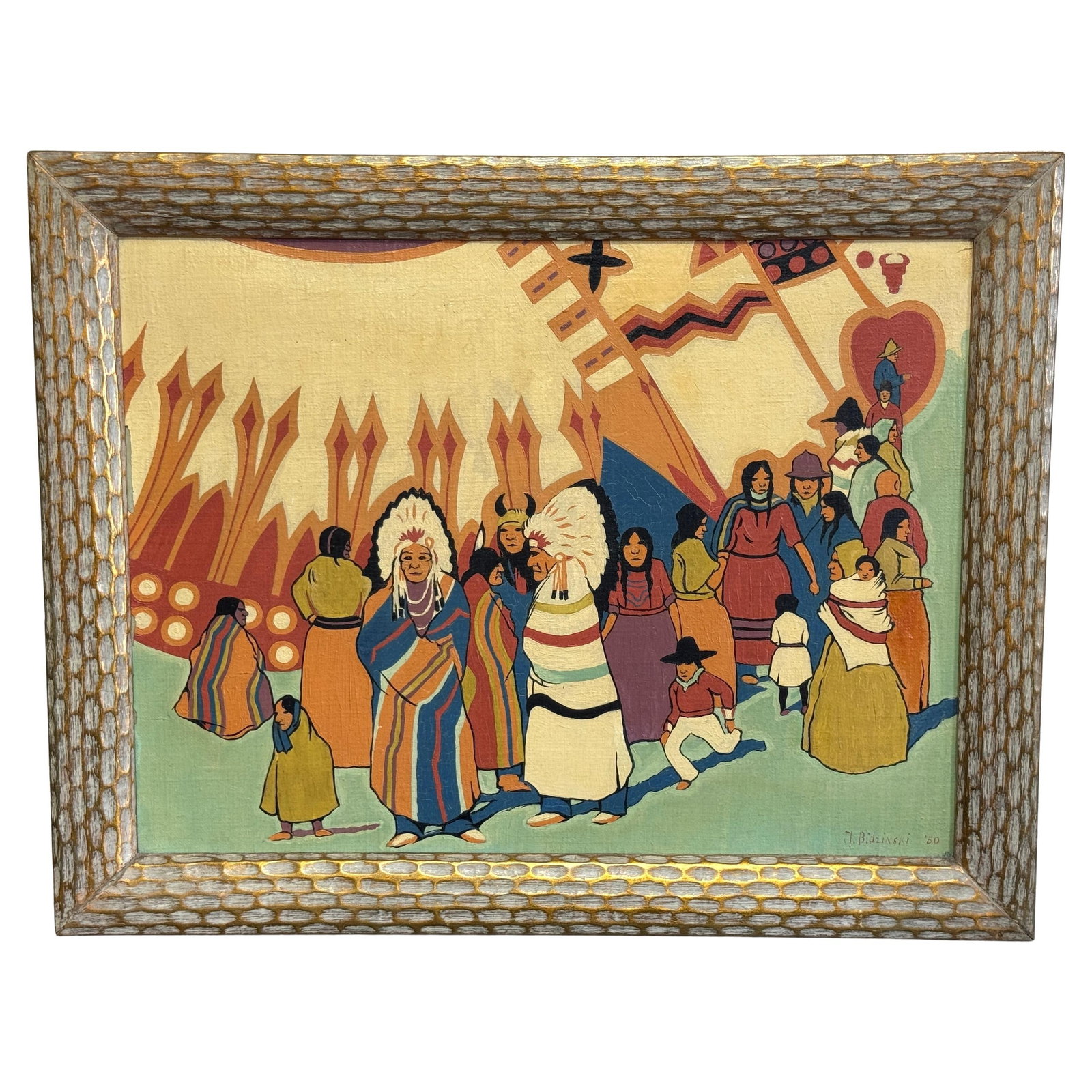 Oil Painting of Native American Procession by Joseph Bidzinski 1950: Oil Painting of Native American Procession by Joseph Bidzinski 1950 Oil on canvas painting by Joseph Bidzinski, dated 1950, depicting a Native American ceremonial procession. The composition features 