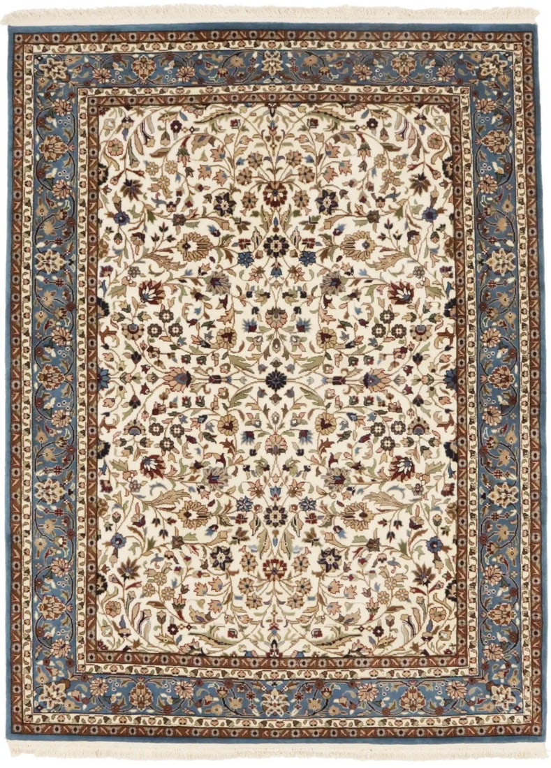 Hand-Knotted Wool Area Rug with Kirman Floral Motif 5'7 x 7'6: Hand-Knotted Wool Area Rug with Kirman Floral Motif 5'7 x 7'6 This rare handmade Kirman floral design rug features a traditional pattern with modern influences, showcasing a blend of cream, blue, medi