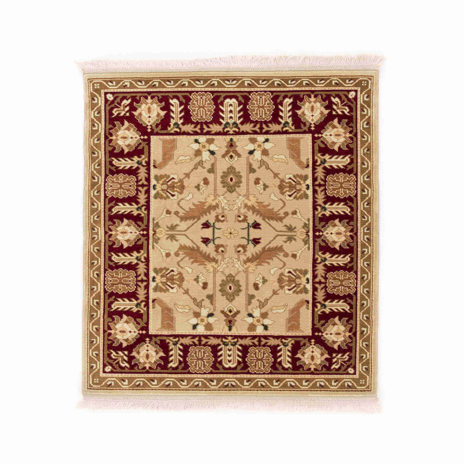 Handmade Usak Wool On Wool Carpet 47.2 x 52.4 Inches: Handmade Usak Wool On Wool Carpet 47.2 x 52.4 Inches This authentic handmade Usak carpet is crafted from high-quality wool on wool, showcasing the rich tradition of artisanship from the USAK region. T