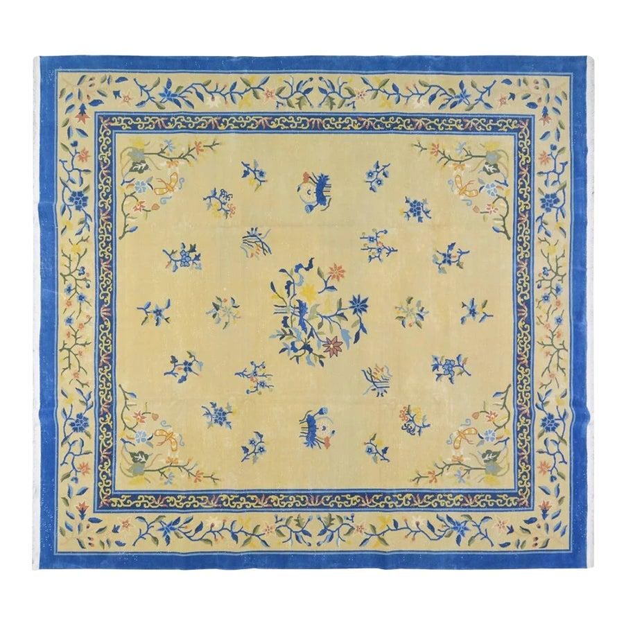 9'10" x 10'5" Hand Knotted Wool Art Deco Chinese Area Rug: 9'10" x 10'5" Hand Knotted Wool Art Deco Chinese Area Rug This vintage Chinese Art Deco rug is hand-knotted from wool using traditional techniques, offering a timeless blend of classic artistry and mo