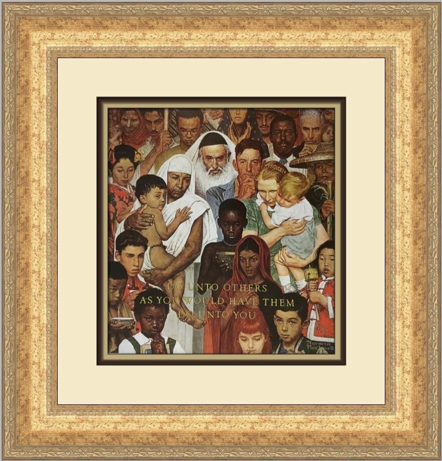 Norman Rockwell The Golden Rule Custom Framed Print 18x18 Americana Art: Norman Rockwell The Golden Rule Custom Framed Print 18x18 Americana Art This stunning custom framed print by Norman Rockwell, titled "The Golden Rule," showcases the artist's iconic Americana Modernis