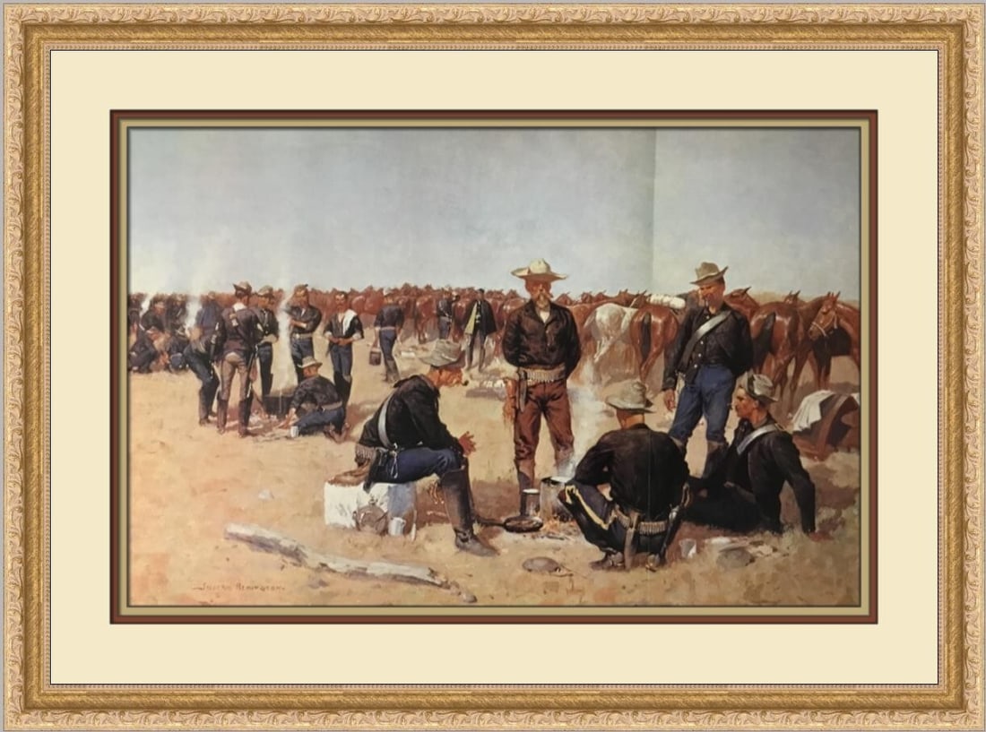 Frederic Remington A Cavalry Man's Breakfast Custom Framed Print 18x25: Frederic Remington A Cavalry Man's Breakfast Custom Framed Print 18x25 This stunning custom framed print titled "A Cavalry Man's Breakfast" by artist Frederic Remington captures the essence of Impress