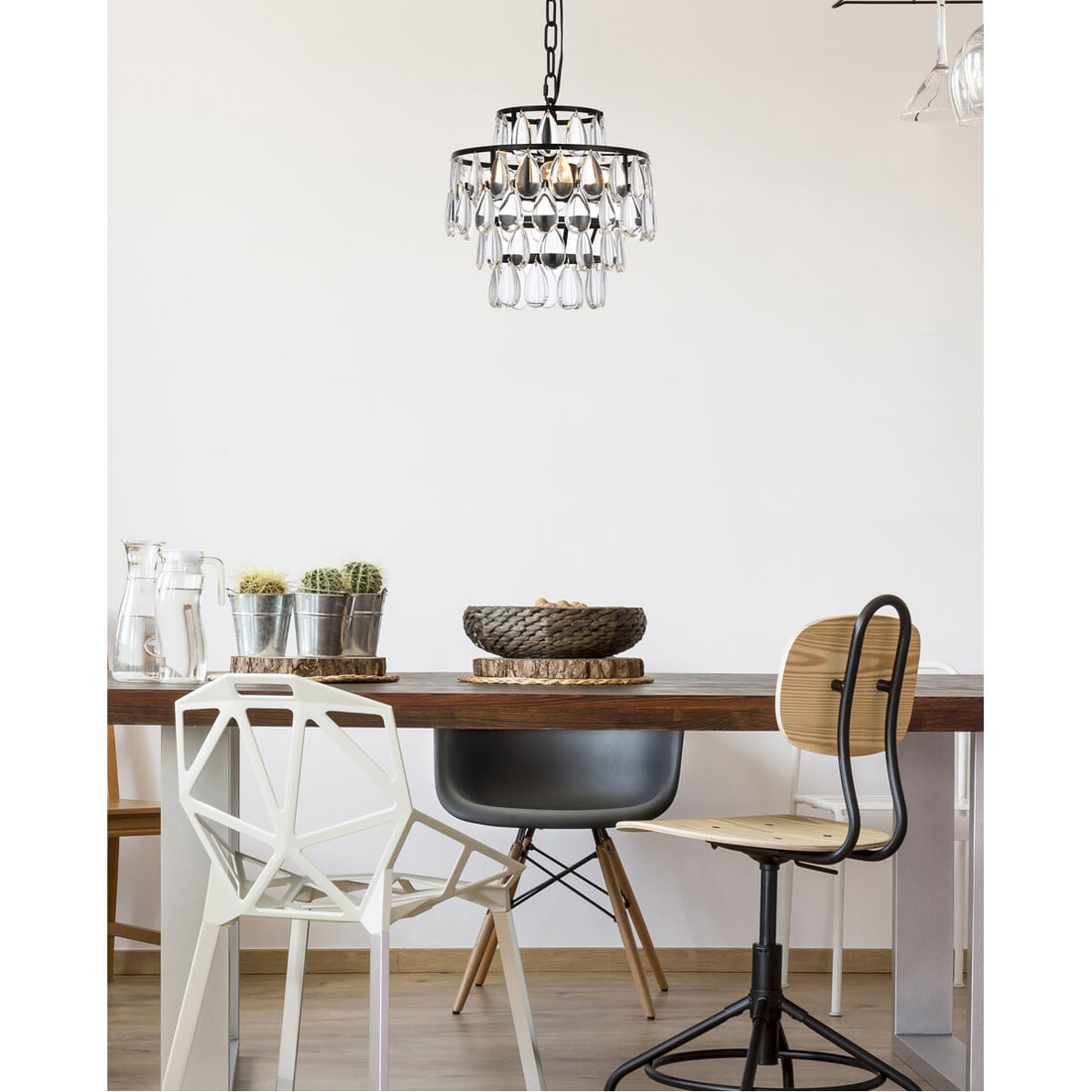 Living District Mila 3 Light Crystal Pendant Chandelier Black 12 in: Living District Mila 3 Light Crystal Pendant Chandelier Black 12 in Modern 3-light chandelier pendant ceiling fixture with a black finish and clear crystal glass elements. It is hardwired, height-adju