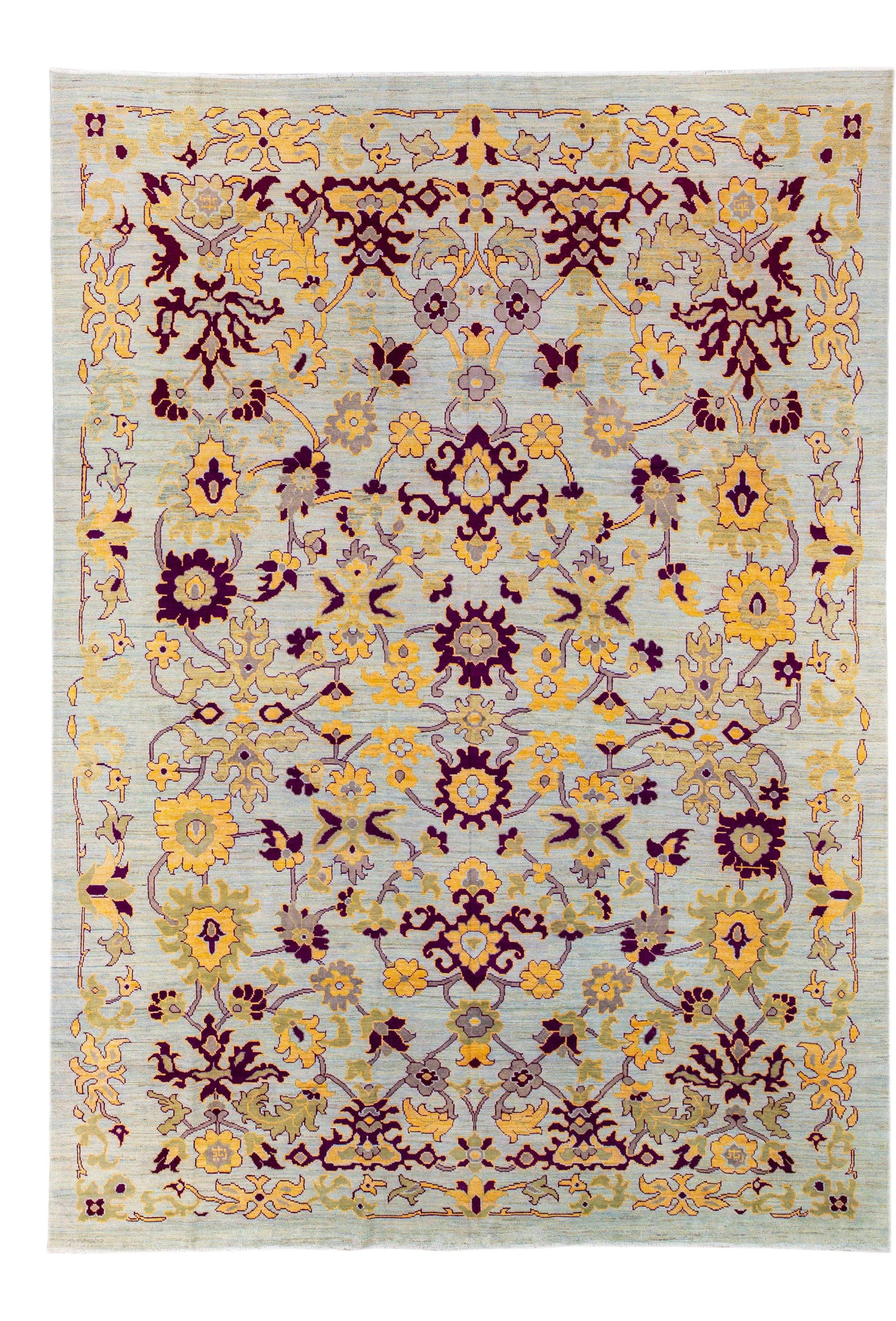 Oversized Modern Oushak Blue Wool Rug with Floral Design 11'7 x 16'1: Oversized Modern Oushak Blue Wool Rug with Floral Design 11'7 x 16'1 Enhance your space with this exquisite modern Oushak hand-knotted wool rug featuring a vibrant blue field. Accented with striking y