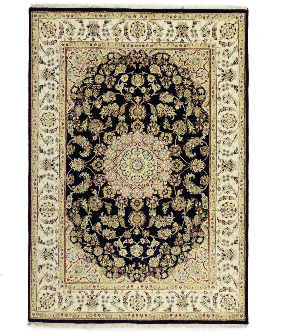 Handmade Indo Nain Wool Rug Blue Floral Design 5'6x8' Traditional Style: Handmade Indo Nain Wool Rug Blue Floral Design 5'6x8' Traditional Style Enhance your space with this exquisite Indo Nain Oriental Rug, meticulously handmade from a blend of wool and silk. Featuring a 