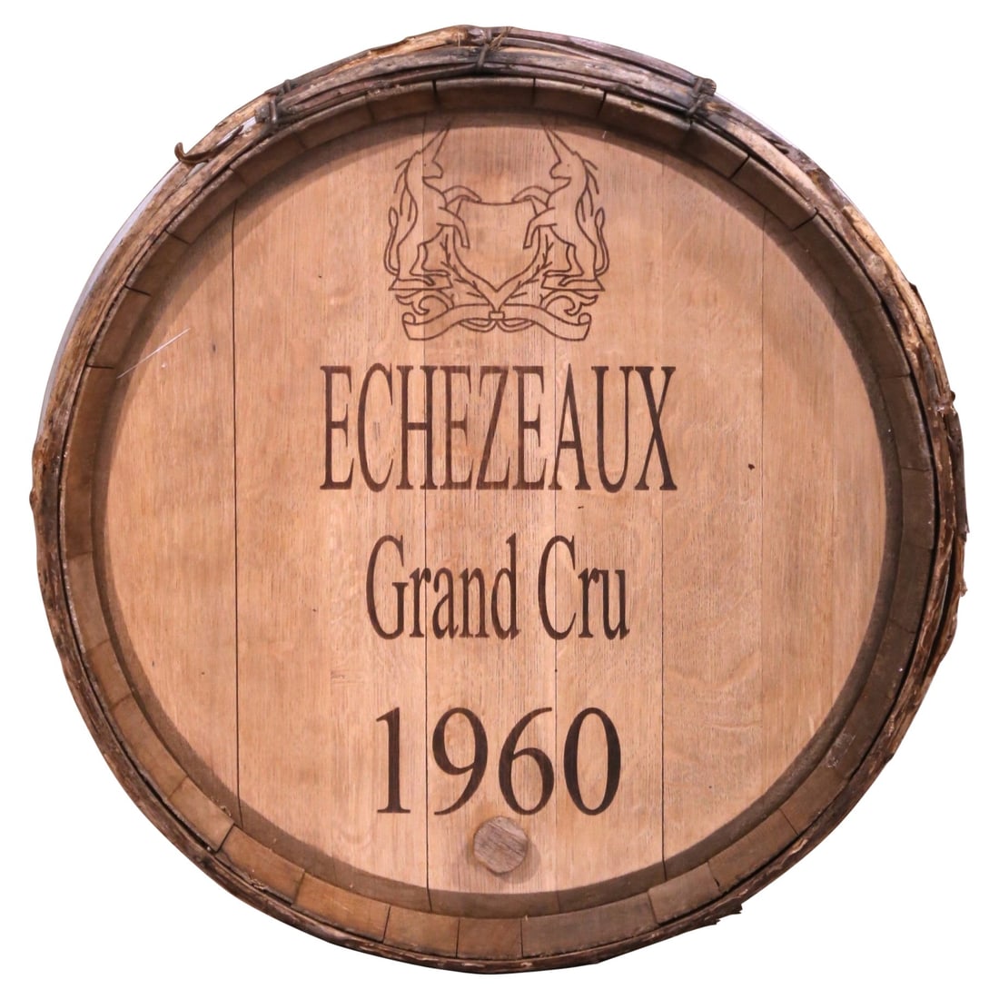French Oak and Iron Echezeaux Grand Cru Wine Barrel Top Dated 1960: French Oak and Iron Echezeaux Grand Cru Wine Barrel Top Dated 1960 This mid-century decorative wine barrel top is crafted from oak and iron, originating from Burgundy, France circa 1960. The piece fea