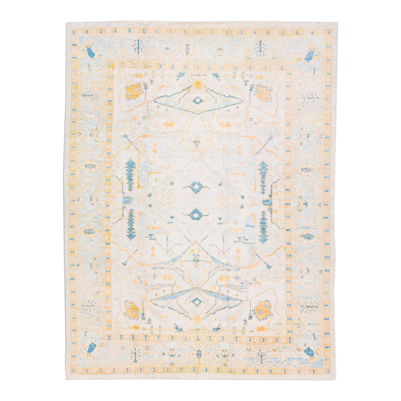 Handmade Turkish Oushak Beige Orange Wool Rug 10'2 x 13'5: Handmade Turkish Oushak Beige Orange Wool Rug 10'2 x 13'5 Enhance your living space with this stunning modern Oushak hand-knotted wool rug. Featuring a beautiful beige color field, this Turkish piece 