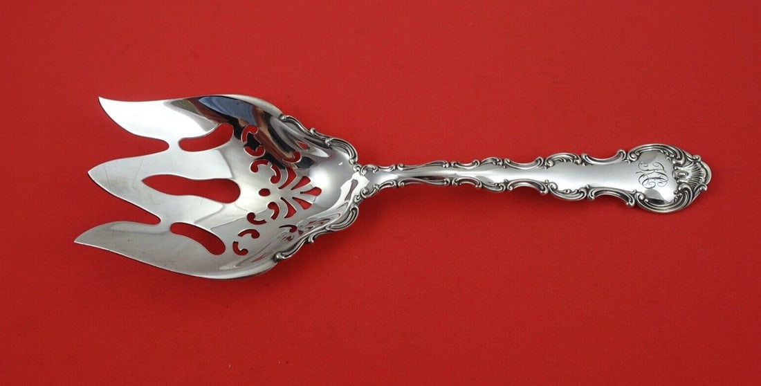 Gorham Strasbourg Sterling Silver Fish Serving Fork 8 3/4" Monogrammed: Gorham Strasbourg Sterling Silver Fish Serving Fork 8 3/4" Monogrammed This exquisite fish serving fork is crafted in sterling silver and features the elegant Strasbourg pattern by Gorham. Measuring 8