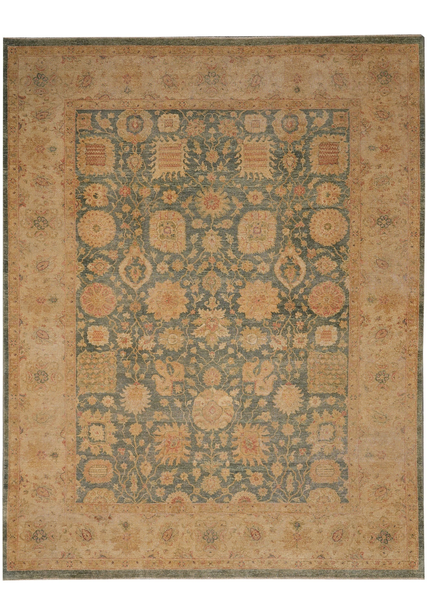 9 x 11.5 Green Hand-Knotted Rug in Natural Wool: 9 x 11.5 Green Hand-Knotted Rug in Natural Wool Free continental US Shipping This 9 x 11.5 green hand-knotted rug is crafted from 100% natural wool, offering a soft and durable pile for comfort and la