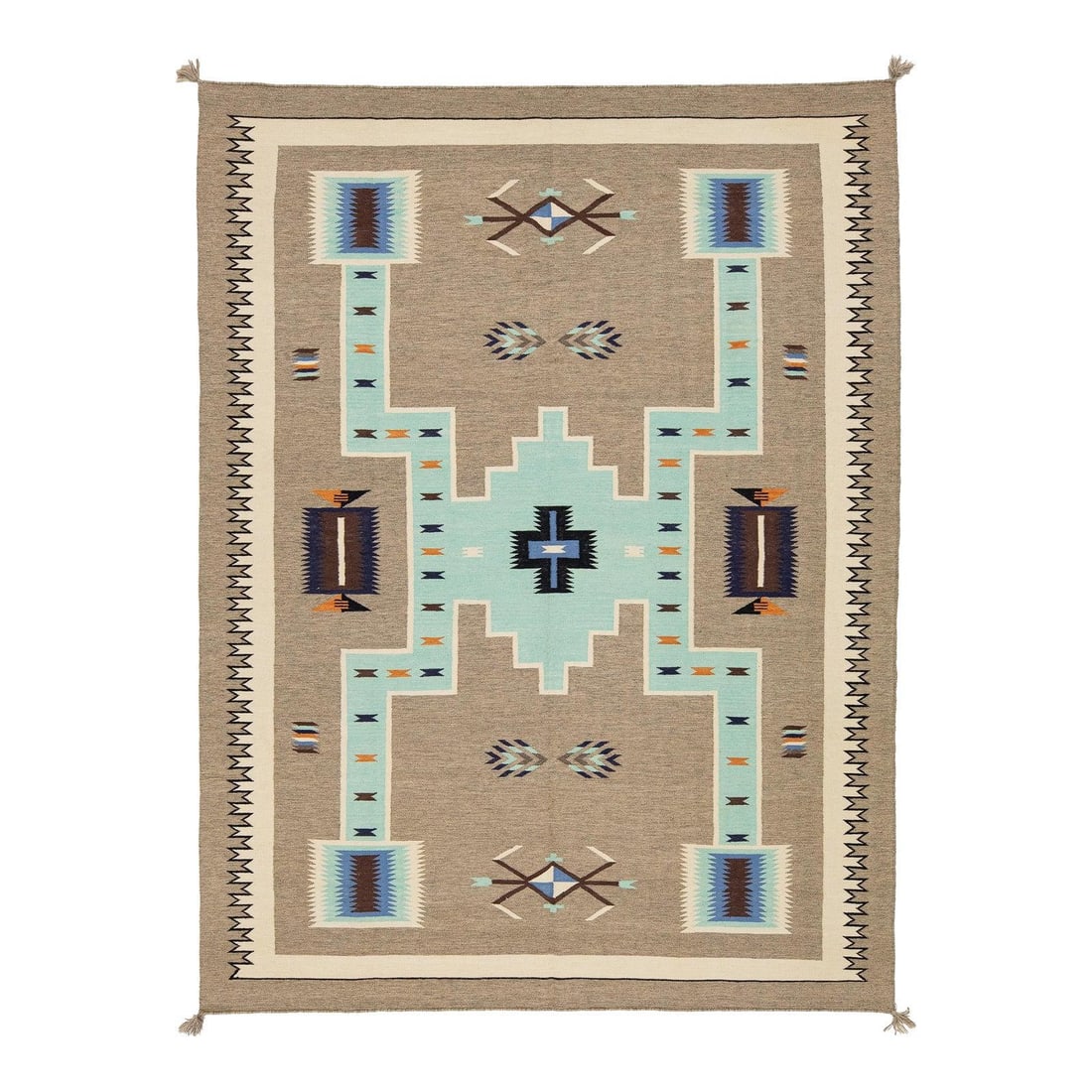 8'11 x 11'11 Hand-Knotted Wool Rug With Southwestern Geometric Patterns: 8'11 x 11'11 Hand-Knotted Wool Rug With Southwestern Geometric Patterns This Modern Navajo-style hand-knotted wool area rug features a sophisticated color palette of turquoise, sandy taupe, chocolate 