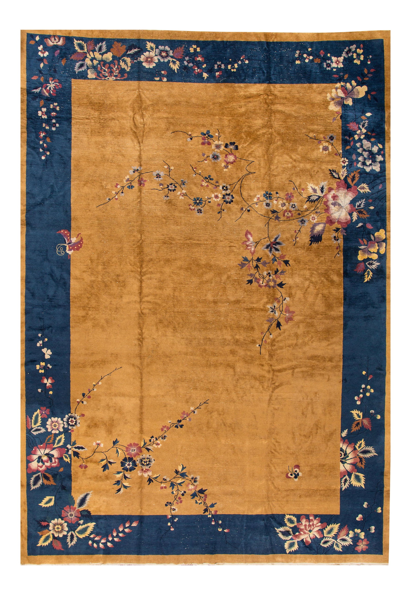 Oversize Antique Chinese Art Deco Wool Rug Goldenrod 12' x 17'07: Oversize Antique Chinese Art Deco Wool Rug Goldenrod 12' x 17'07 Discover the exquisite beauty of this large Antique Chinese Art Deco rug, meticulously hand-knotted from high-quality wool. Featuring a