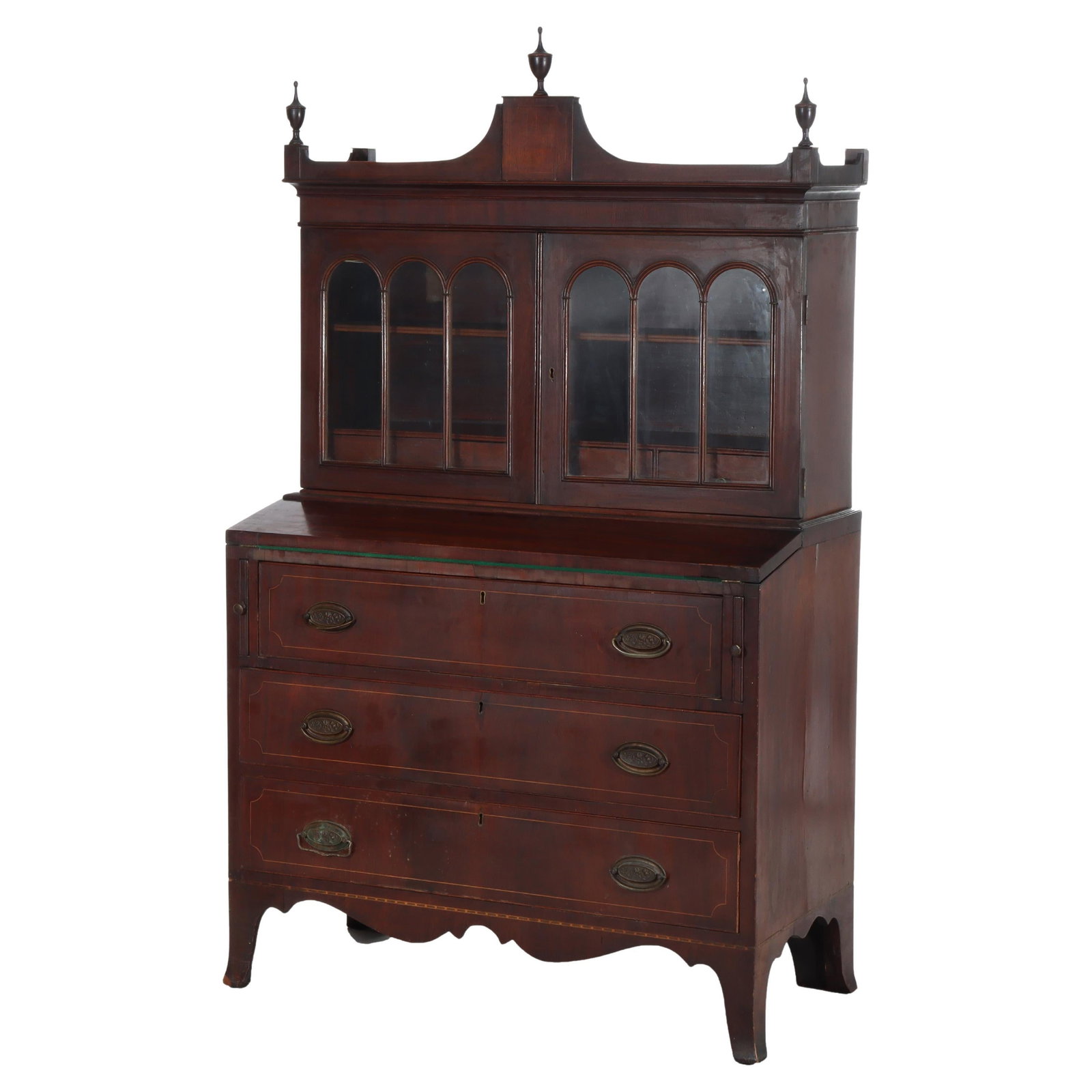 Early 19th Century Mahogany Inlaid Federal Secretary Desk With Bookcase: Early 19th Century Mahogany Inlaid Federal Secretary Desk With Bookcase This diminutive antique Federal Hepplewhite secretary, dating to around 1830, features mahogany construction with elegant inlay 