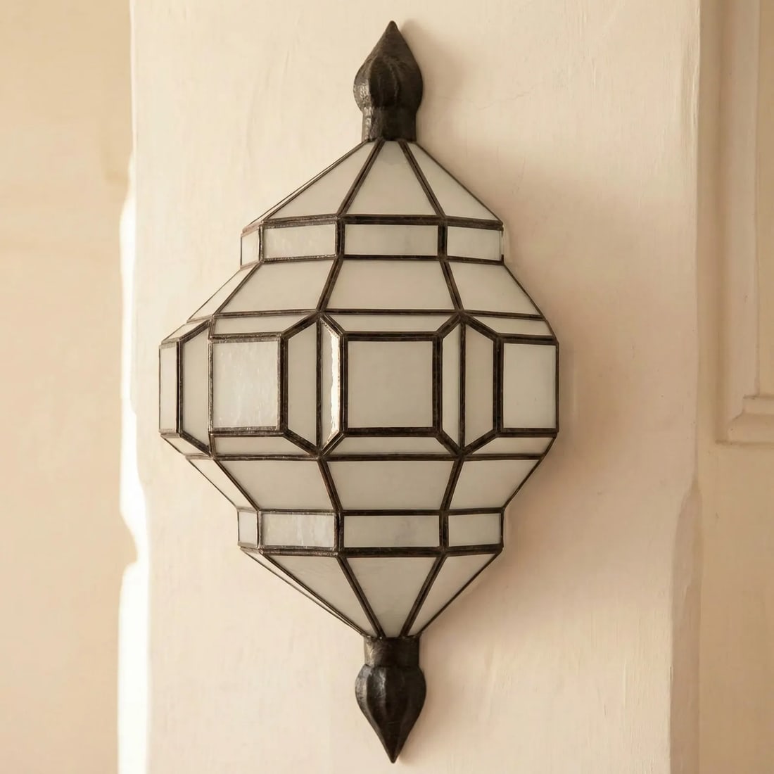 Moroccan Brass Geometric Wall Sconce with Frosted Glass (1 of 9)