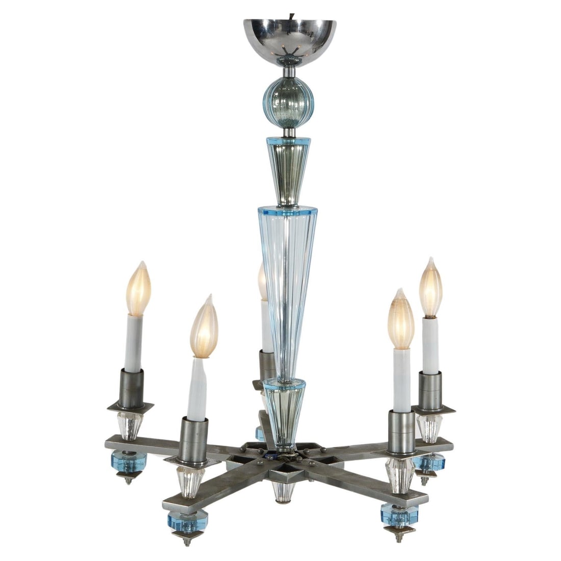Five-Light Chrome and Blue Glass Chandelier Mid-Century Modern Circa 1950 (1 of 9)