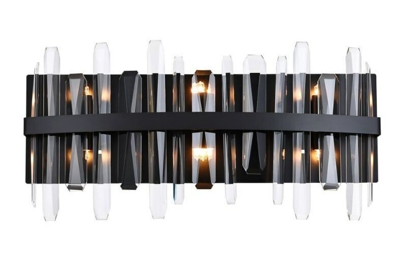 Serena 6 Light Black Crystal Vanity Wall Sconce 24 Inch: Serena 6 Light Black Crystal Vanity Wall Sconce 24 Inch This modern wall sconce features a sleek black finish and is designed for installation above bathroom vanities or in other indoor spaces such as