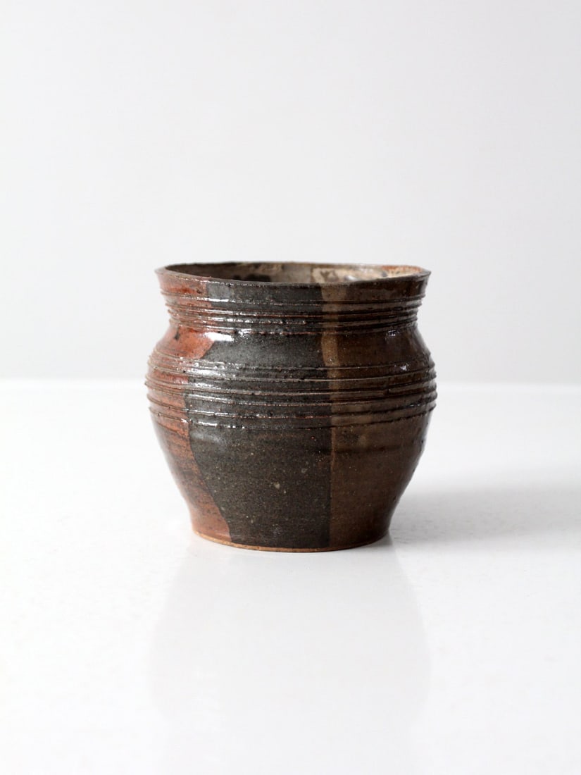 Signed Vintage Studio Pottery Cachepot Vase Brown Black Glaze (1 of 9)