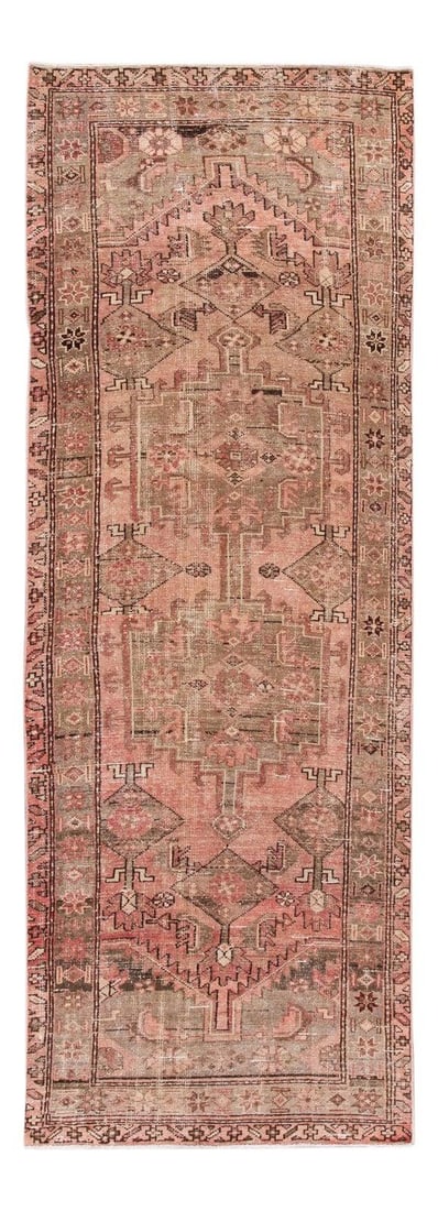 Vintage Persian Handmade Wool Runner Rose Geometric Design 3'5" x 9'7": Vintage Persian Handmade Wool Runner Rose Geometric Design 3'5" x 9'7" Enhance your space with this exquisite Vintage Persian hand-knotted wool runner, showcasing a lovely rose field design. This rug 