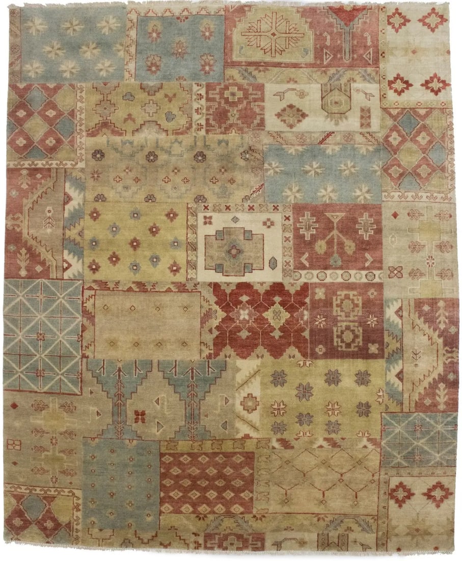 Hand-Knotted Wool Area Rug 8'2 x 9'10 Modern Patchwork Multicolor Carpet: Hand-Knotted Wool Area Rug 8'2 x 9'10 Modern Patchwork Multicolor Carpet This handmade wool area rug features a multicolored geometric patchwork design with a modern flair. Expertly hand-knotted in In