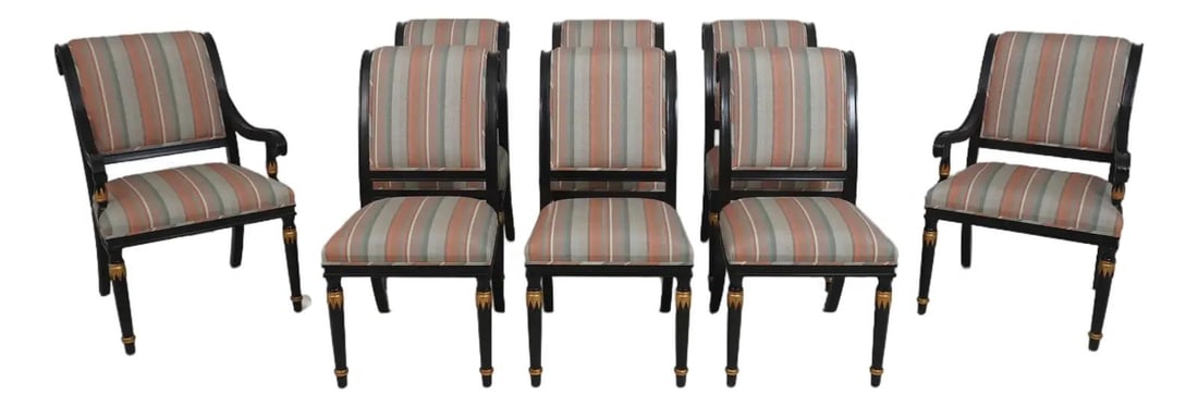 Eight Regency Style Dining Chairs with Black Upholstery and Scrolled Backs Set of 8: Eight Regency Style Dining Chairs with Black Upholstery and Scrolled Backs Set of 8 This set of eight Fabrizi Regency dining chairs features black upholstered seats and backs, complemented by a black 