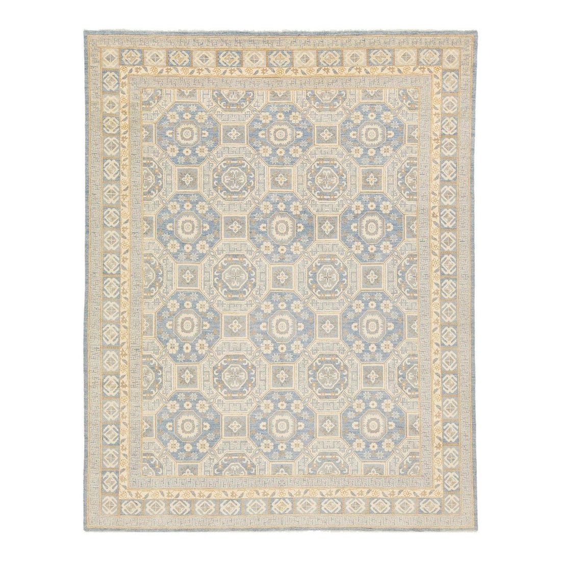 Handmade Modern Oushak Wool Rug Blue Beige Geometric 8'10 x 11'2: Handmade Modern Oushak Wool Rug Blue Beige Geometric 8'10 x 11'2 This stunning contemporary Oushak-style wool rug exemplifies traditional craftsmanship with a striking blue background. Its intricate g