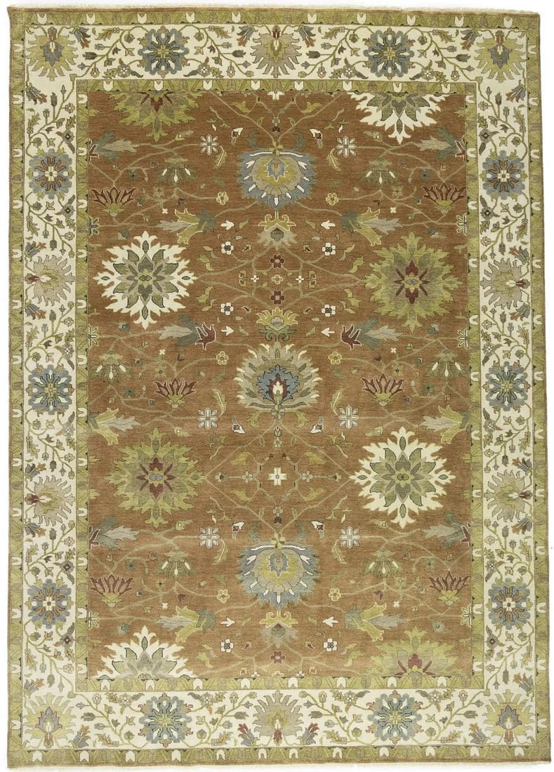 10x14 ft Floral Rust Oushak Hand-Knotted Wool Area Rug: 10x14 ft Floral Rust Oushak Hand-Knotted Wool Area Rug Elevate your living space with this stunning 10x14 ft Floral Rust Oushak Chobi Rug. Hand-knotted from high-quality wool, this oriental carpet fea