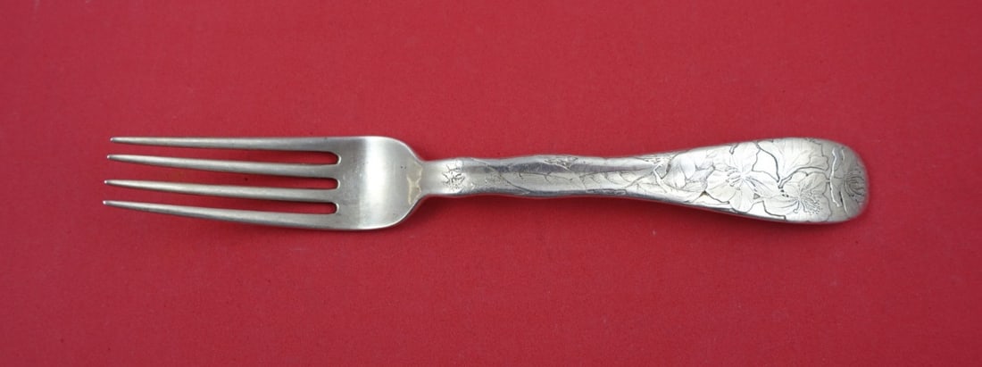 Tiffany & Co. Sterling Silver Dinner Fork Lap Over Edge Acid Etched Rhododendron Motif 7 7/8 Inch: Tiffany & Co. Sterling Silver Dinner Fork Lap Over Edge Acid Etched Rhododendron Motif 7 7/8 Inch This Tiffany & Co. sterling silver dinner fork features the Lap Over Edge Acid Etched pattern adorned 