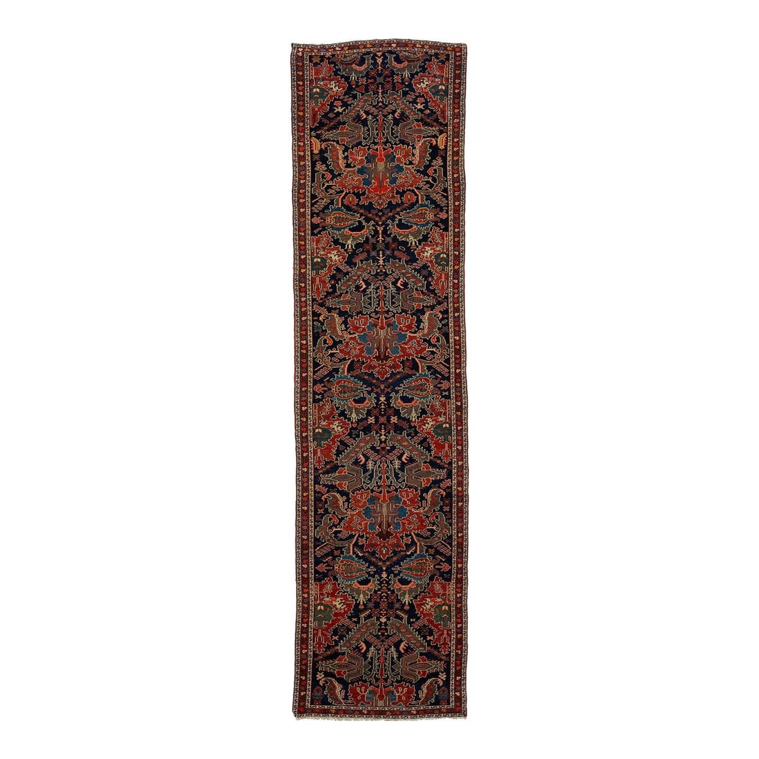 Antique Persian Malayer Wool Runner Rug Dark Blue Floral 3'4 x 13'4: Antique Persian Malayer Wool Runner Rug Dark Blue Floral 3'4 x 13'4 Enhance your space with this exquisite handmade Persian Malayer rug, crafted in the 20th century. The rug showcases a stunning dark 