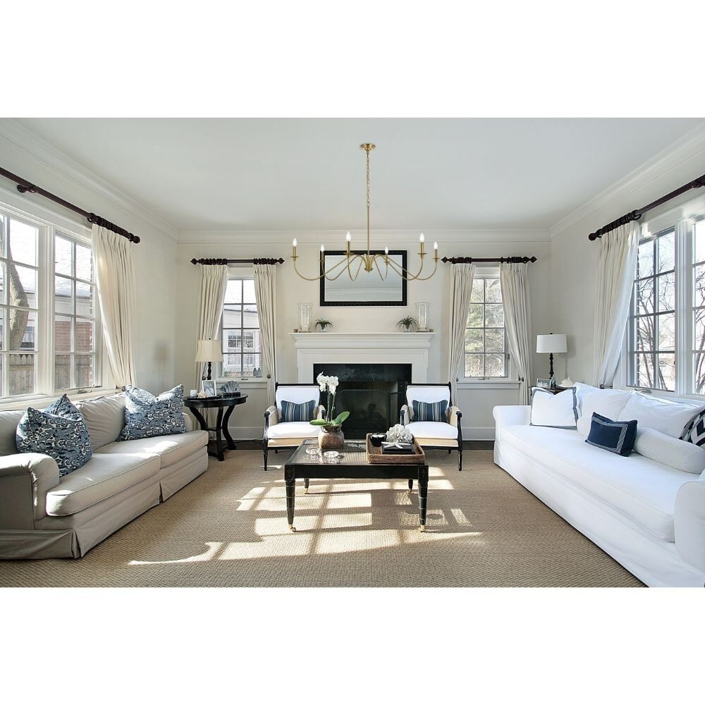 Living District Rohan 54 in 6 Light Satin Gold Chandelier: Living District Rohan 54 in 6 Light Satin Gold Chandelier This 6-light chandelier features a satin gold finish and a farmhouse style with a metal frame in the style of wrought iron. It is hardwired, d