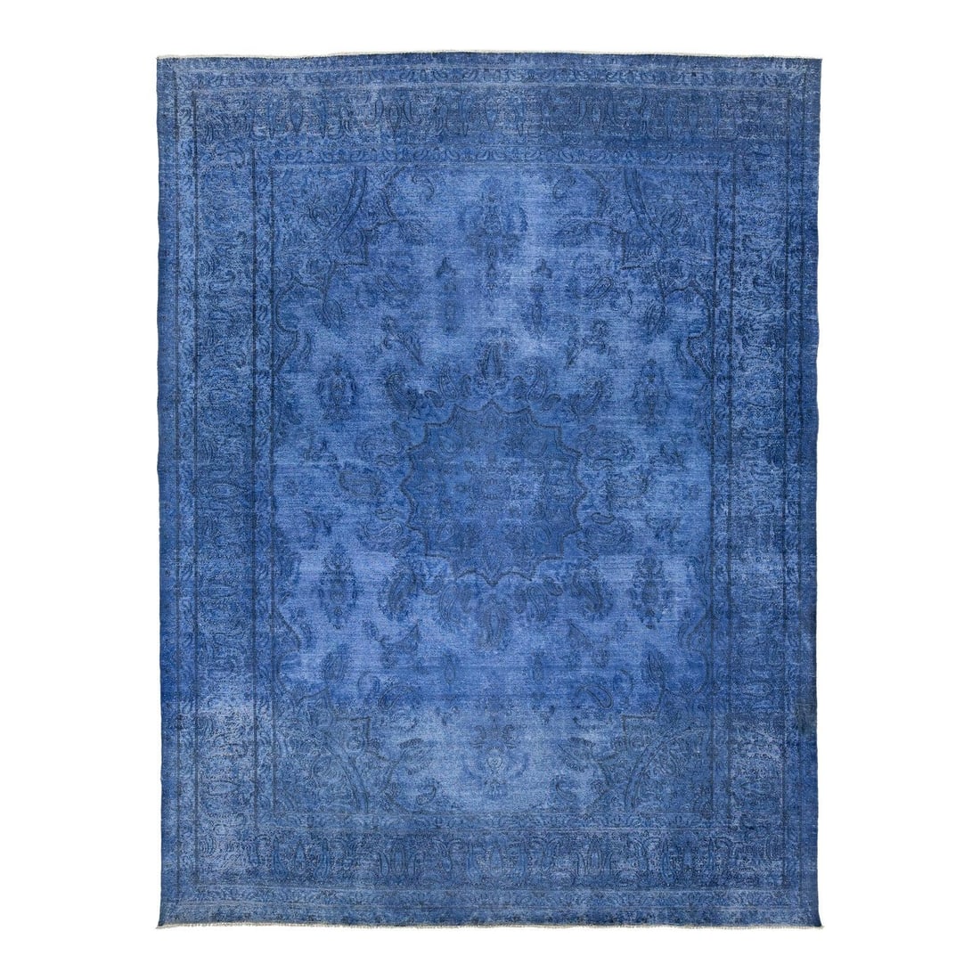 9'8" x 12'10" Hand Knotted Persian Wool Rug in Electric Blue: 9'8" x 12'10" Hand Knotted Persian Wool Rug in Electric Blue Vintage Persian wool rug with an overdyed electric blue finish, featuring a classic center medallion and floral motifs visible beneath the 