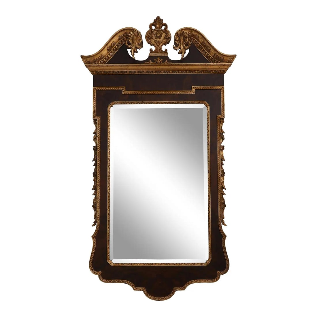 Elegant Georgian Style Gold Trim Walnut Mirror 28.5w x 51.5h: Elegant Georgian Style Gold Trim Walnut Mirror 28.5w x 51.5h This elegant Georgian Style mirror features a stunning gold trim and beveled glass, showcasing quality craftsmanship. With an approximate a
