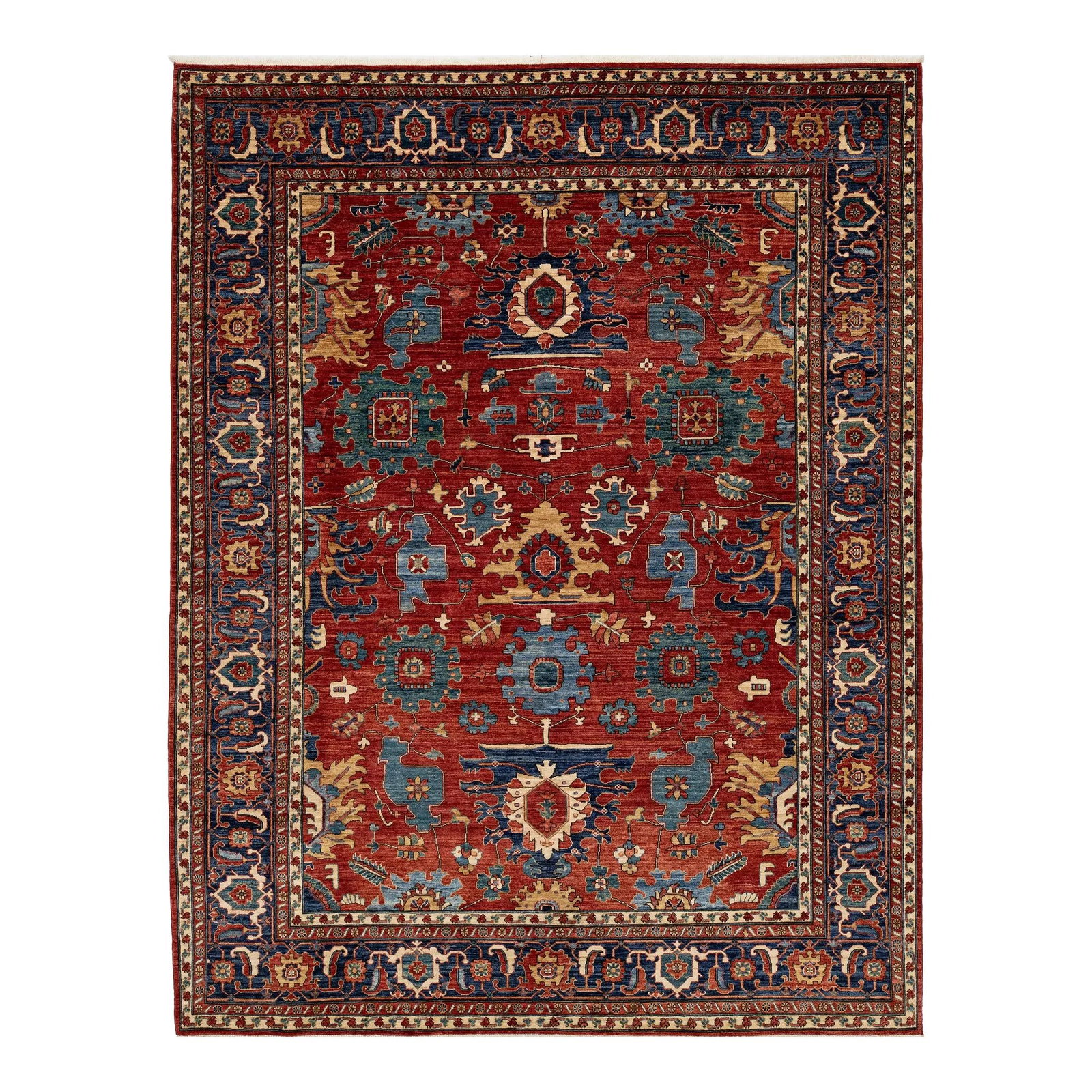 Room Size Contemporary Serapi Red Wool Rug with Floral Design: Room Size Contemporary Serapi Red Wool Rug with Floral Design This exquisite wool rug features a striking red backdrop complemented by a contemporary Serapi-inspired design. It showcases a beautifully