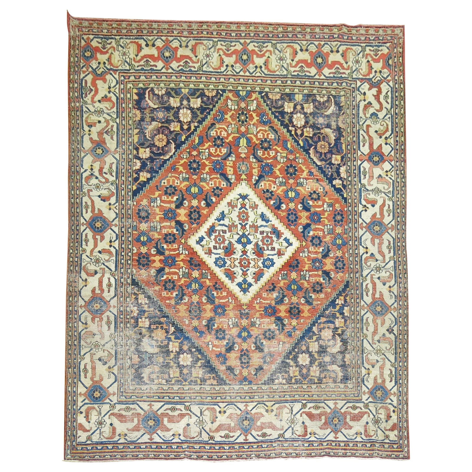 8'6" x 11'1" Hand-Knotted Wool Tabriz Medallion Rug 1910: 8'6" x 11'1" Hand-Knotted Wool Tabriz Medallion Rug 1910 Explore the elegance of this Traditional Persian Open Medallion Room Size Rug, featuring a captivating blend of orange, blue, and ivory colors.