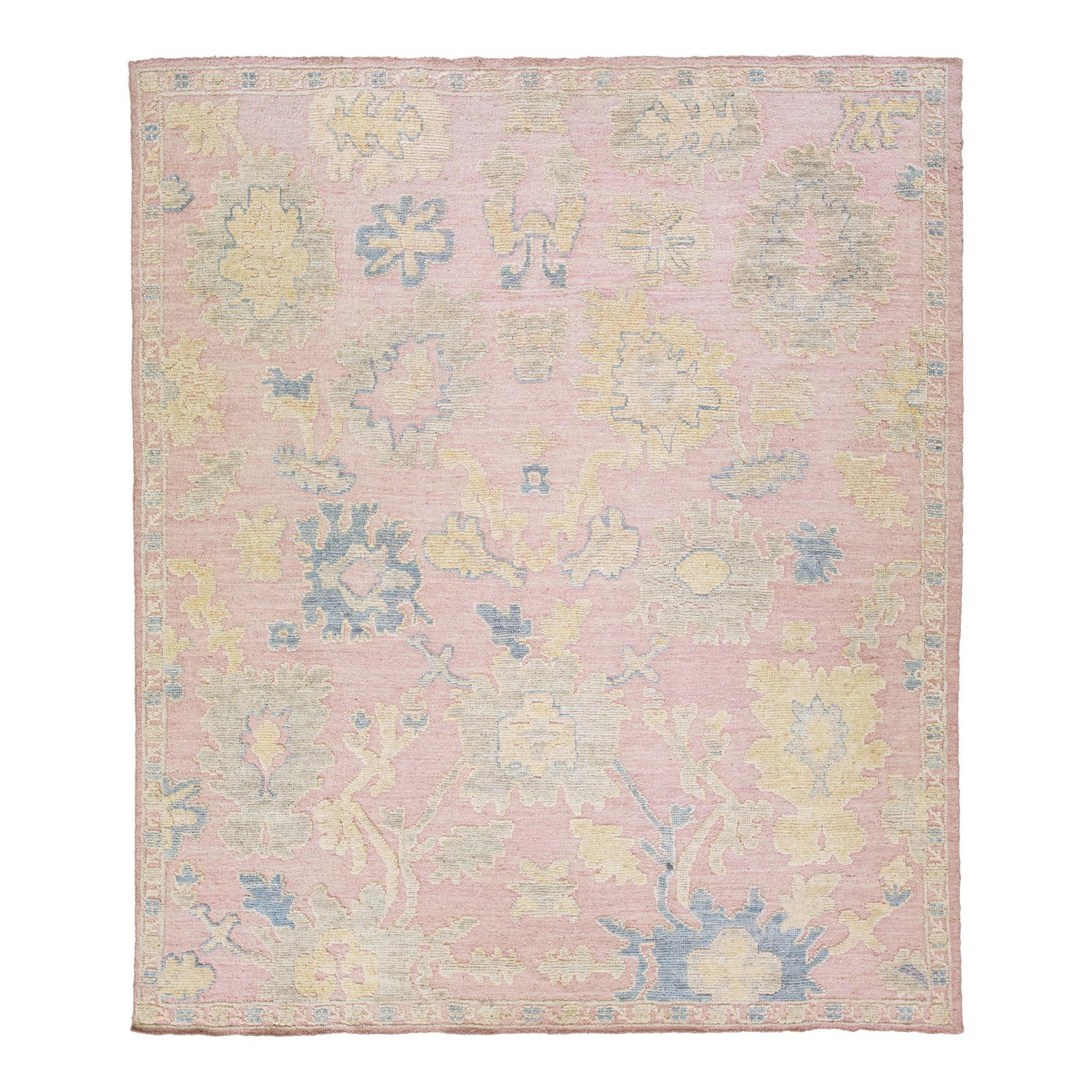 Handmade Modern Oushak Floral Wool Rug Light Pink 12'9 x 14'9: Handmade Modern Oushak Floral Wool Rug Light Pink 12'9 x 14'9 Discover the elegance of this modern Oushak style hand-knotted wool rug, featuring a light pink field adorned with exquisite yellow and bl
