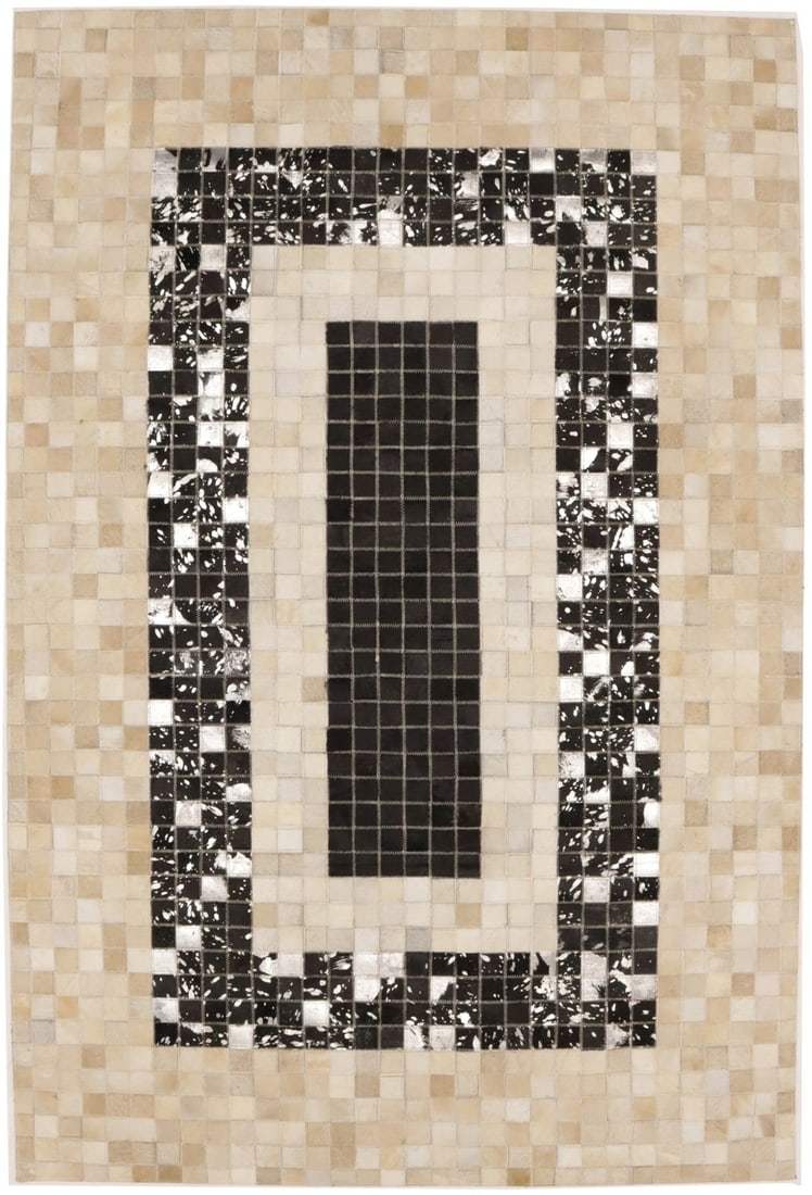 Modern 4x6 Geometric Leather Area Rug Handcrafted Black and Beige Rectangle: Modern 4x6 Geometric Leather Area Rug Handcrafted Black and Beige Rectangle This modern area rug features a hand-stitched geometric pattern crafted from black and beige cowhide leather. The rectangula
