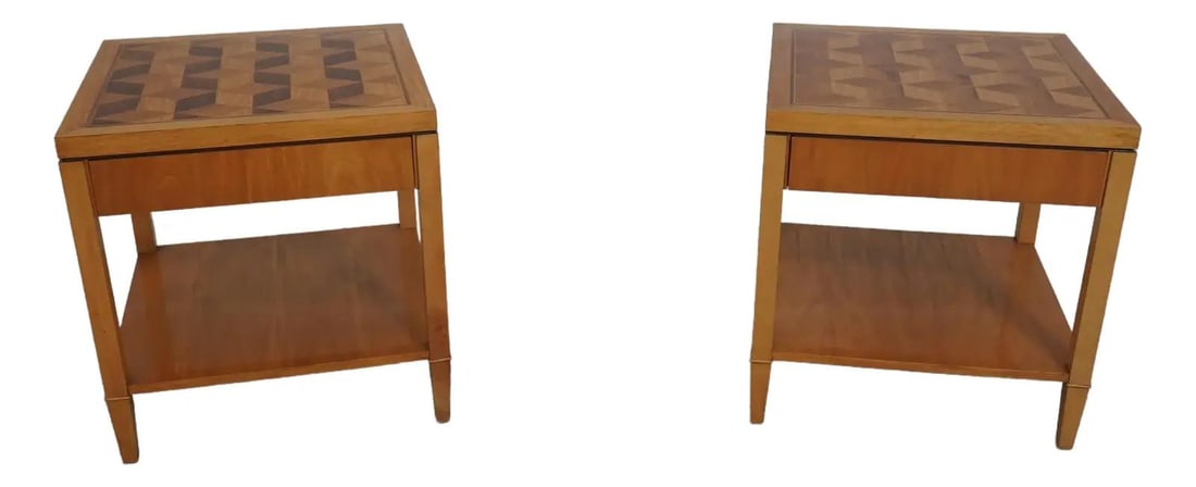 Pair of Mid Century Modern Baker Side Tables with Parquetry Tops: Pair of Mid Century Modern Baker Side Tables with Parquetry Tops This pair of Mid Century Modern side tables showcases exquisite parquetry top design and high-quality construction. Each table features