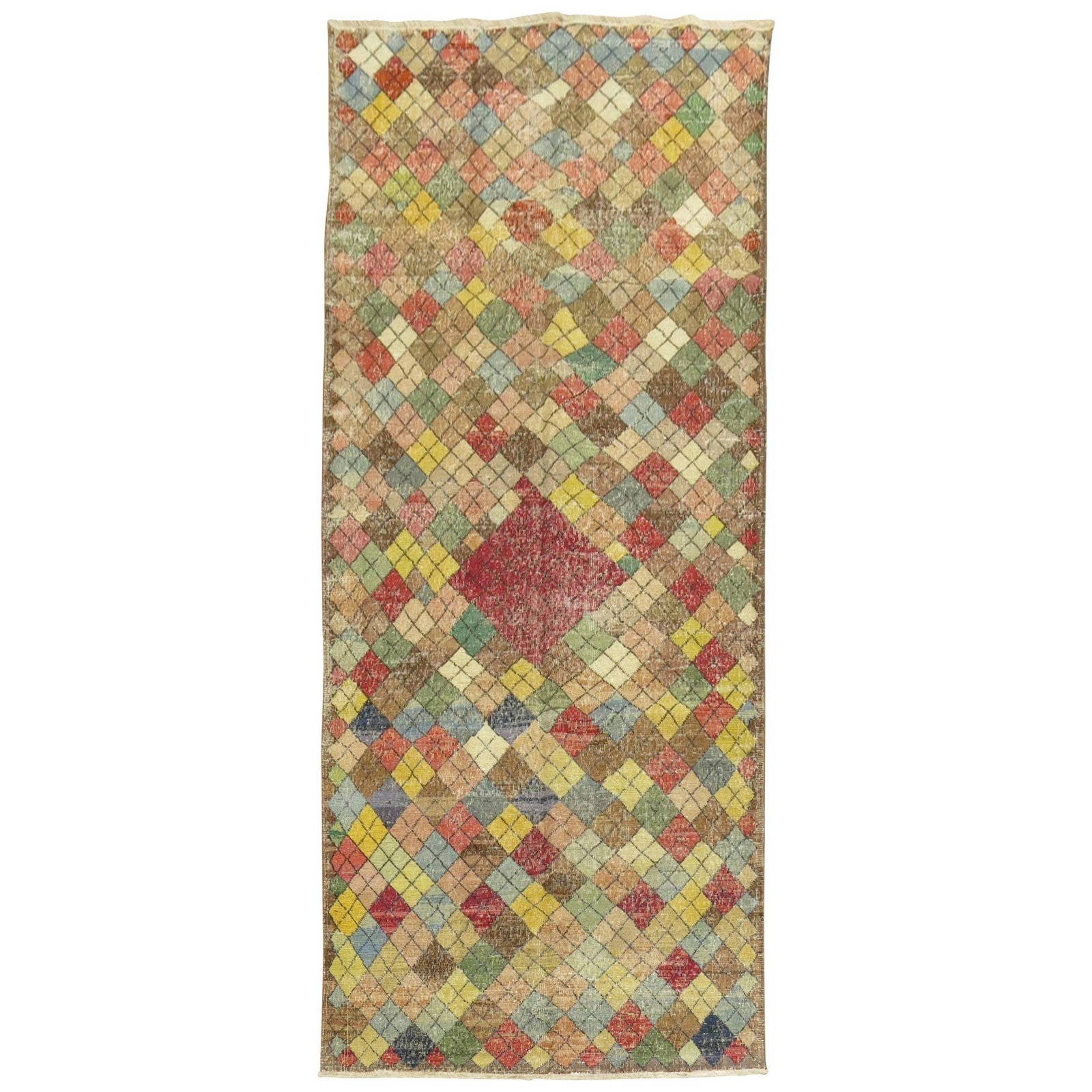 Mid Century Wool Hand Knotted Turkish Runner Diamond Medallion: Mid Century Wool Hand Knotted Turkish Runner Diamond Medallion This vintage Turkish Deco gallery runner features a vibrant diamond motif with a striking red center medallion, adding a colorful touch t