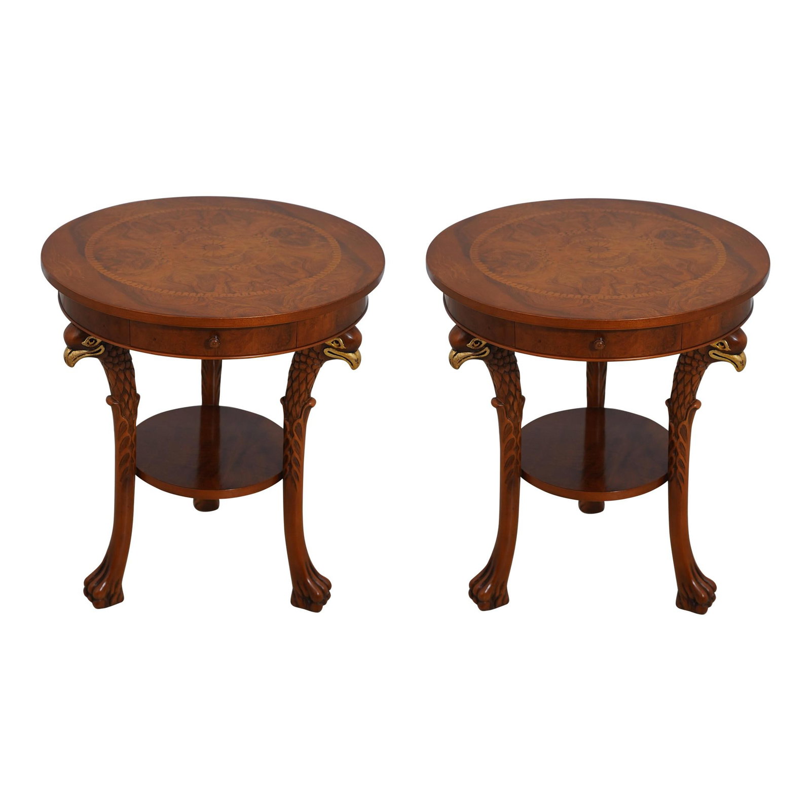 Elegant Pair of Italian Round Inlaid Lamp Tables with Bird Legs: Elegant Pair of Italian Round Inlaid Lamp Tables with Bird Legs Elevate your living space with this stunning pair of Italian Classical Round Inlaid Lamp Tables. Crafted with exceptional quality, these
