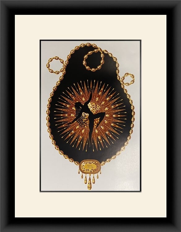 Erte Topaz Art Deco Print from Precious Stones Suite Framed: Erte Topaz Art Deco Print from Precious Stones Suite Framed This exquisite framed print titled "Topaz" is part of Erte's renowned Precious Stones Suite. Created using the offset lithography technique,