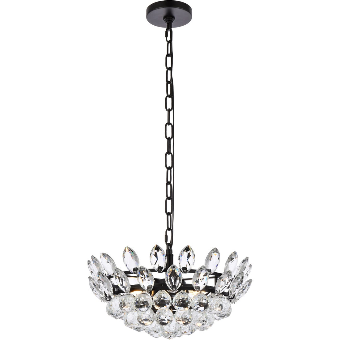 Emilia 3-Light Black Crystal Pendant 16 Inch: Emilia 3-Light Black Crystal Pendant 16 Inch This modern pendant chandelier features a black and clear finish with royal cut crystals, offering a striking and elegant look for various indoor spaces su